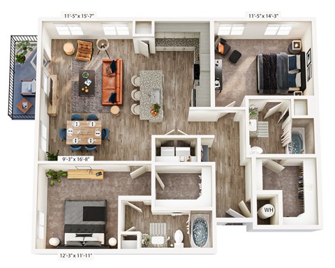 A floor plan of a house with a living room, kitchen, and two bedrooms.